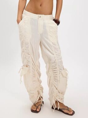 Free People Cream Ruched Tie-Waist Wide Leg Pants